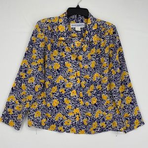 Diane Roberts Womens Size 12 Vintage Blouse Blue Yellow Floral Polyester Long Sl